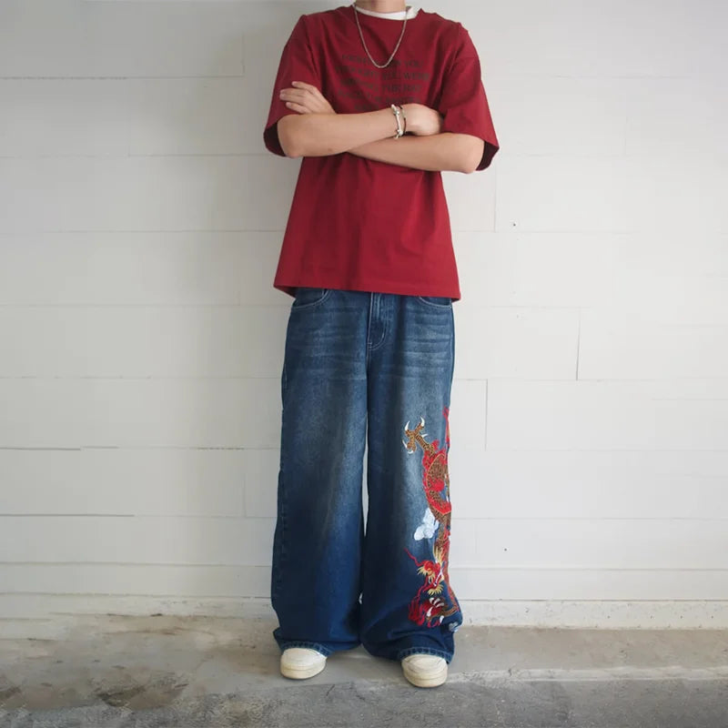 Dragon Embroidered Wide-Leg Jeans