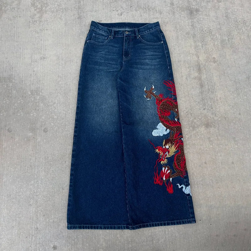 Dragon Embroidered Wide-Leg Jeans