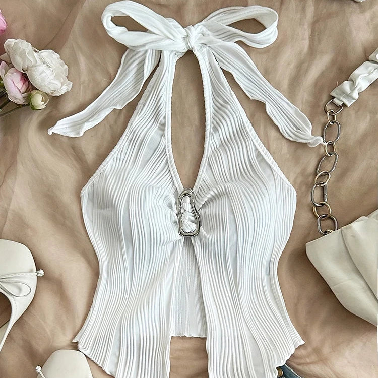 Halter V-Neck Split Crop Top