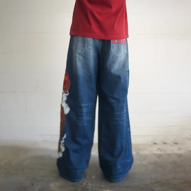 Dragon Embroidered Wide-Leg Jeans