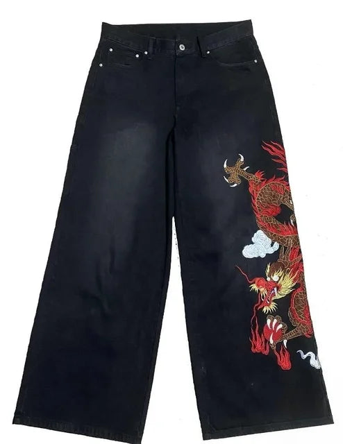 Dragon Embroidered Wide-Leg Jeans